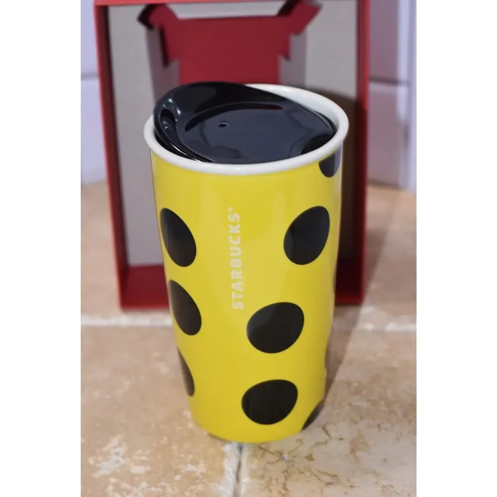 2015 STARBUCKS Siren Yellow w/ Black polka dots Ceramic Travel Cup/Mug 12oz NWT